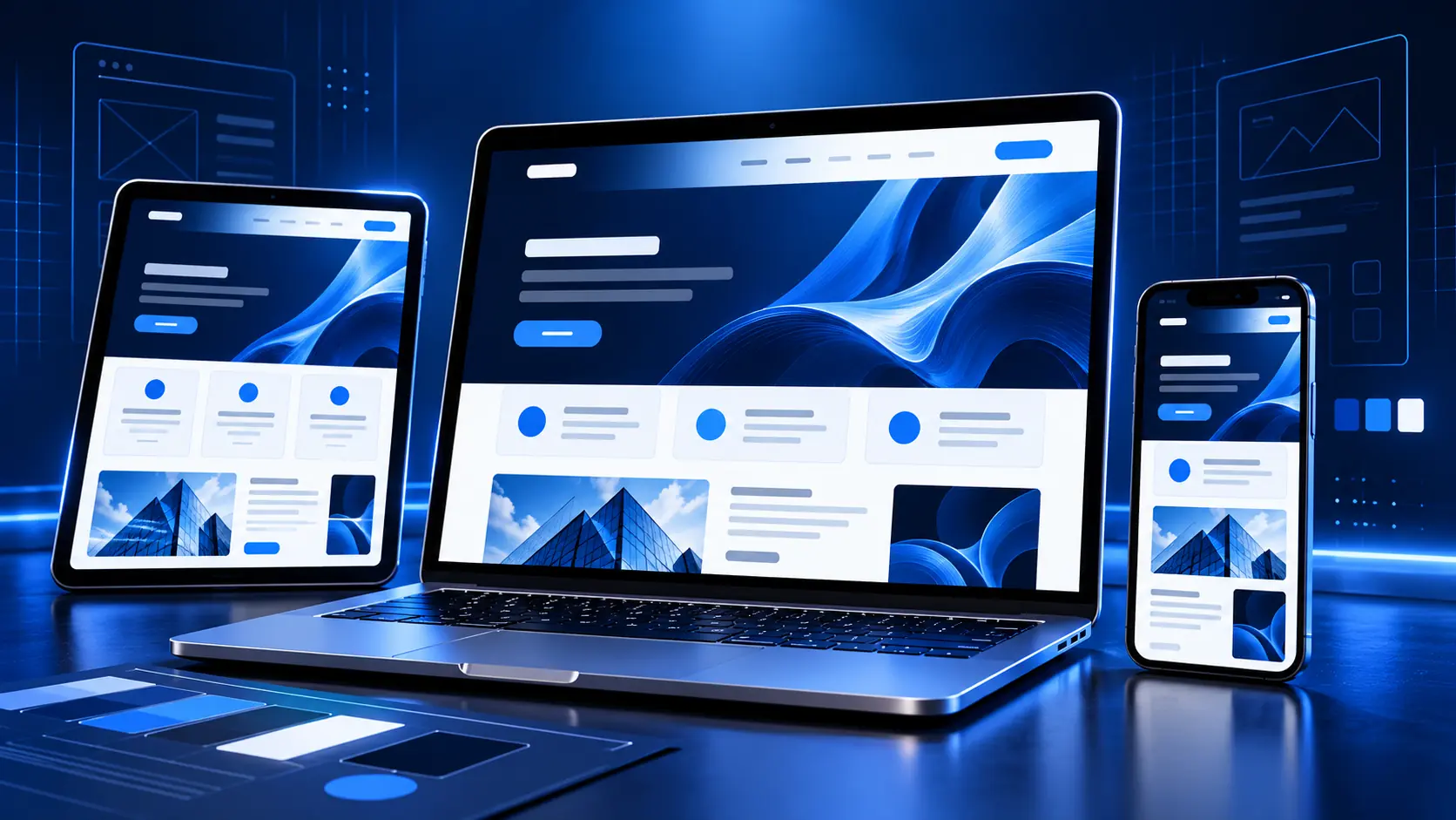 Responsive HTech Solutions website design displayed on desktop, tablet, and mobile screens