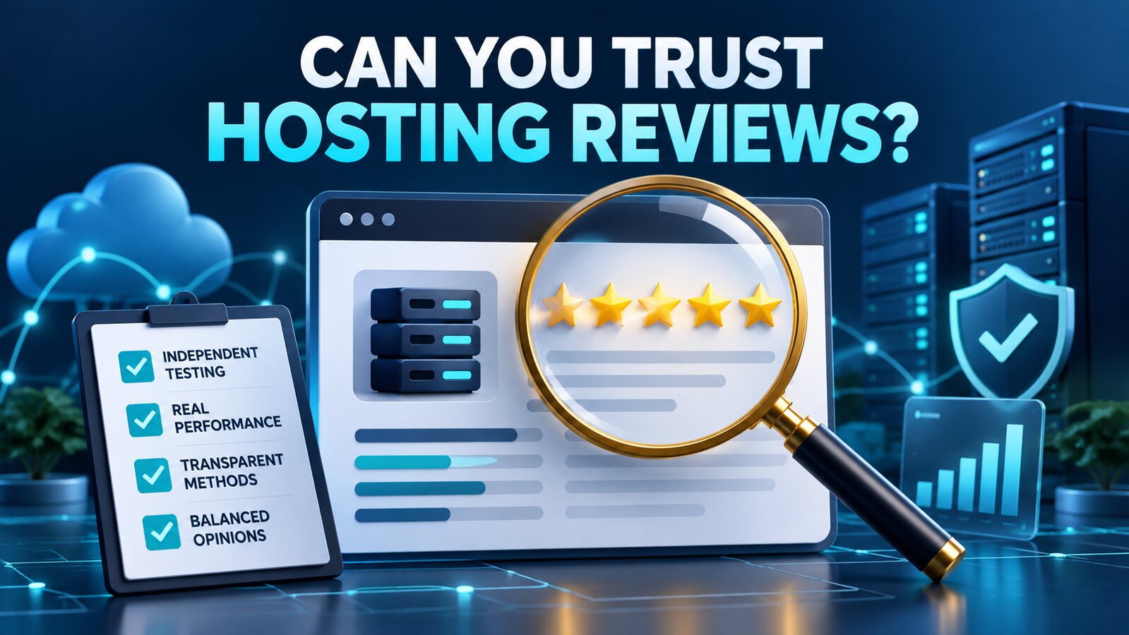 Magnifying glass inspecting a five-star web hosting review with an independent testing checklist